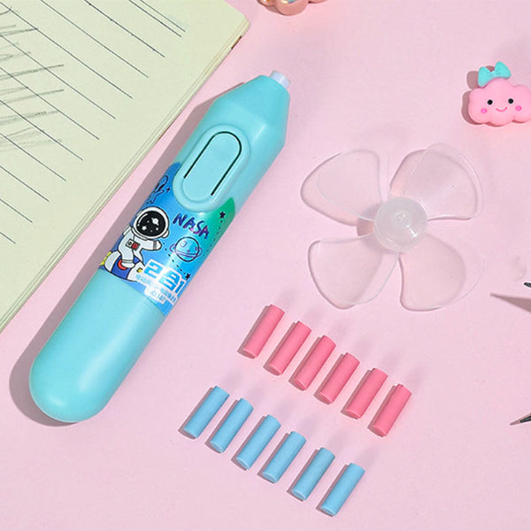 AM5907 Cartoon Print Electric Pencil Erasers with Fan and 12 Refills Set for Kids (Pack of 1)