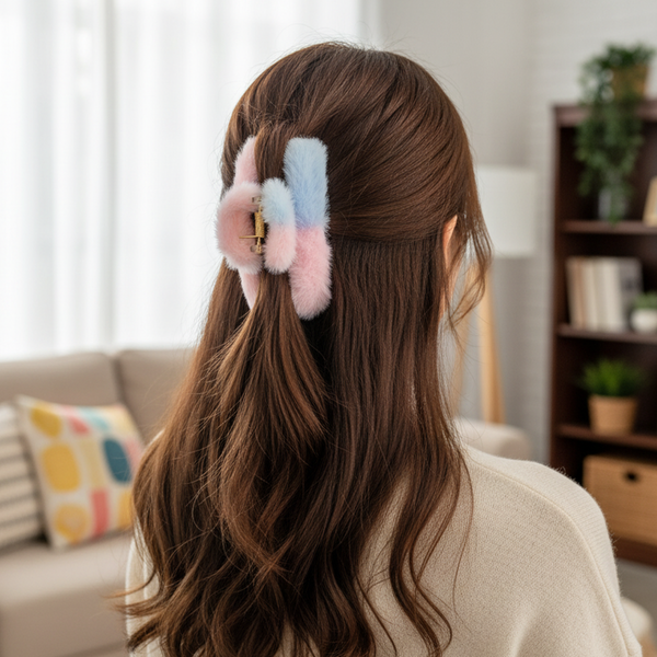 AM6381 Dual Shade Rectangular Shape Fur Hair Claw - 1pc (Multicolour)