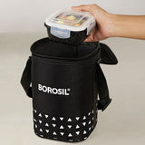 AM6187 Borosil Kube Black Glass Lunch Box, Round x 3 (Tall), Set of 3, 400ml