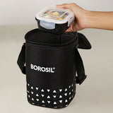 AM6189 Borosil Kube Black Glass Lunch Box, Square x 3 (Tall), Set of 3, 320ml