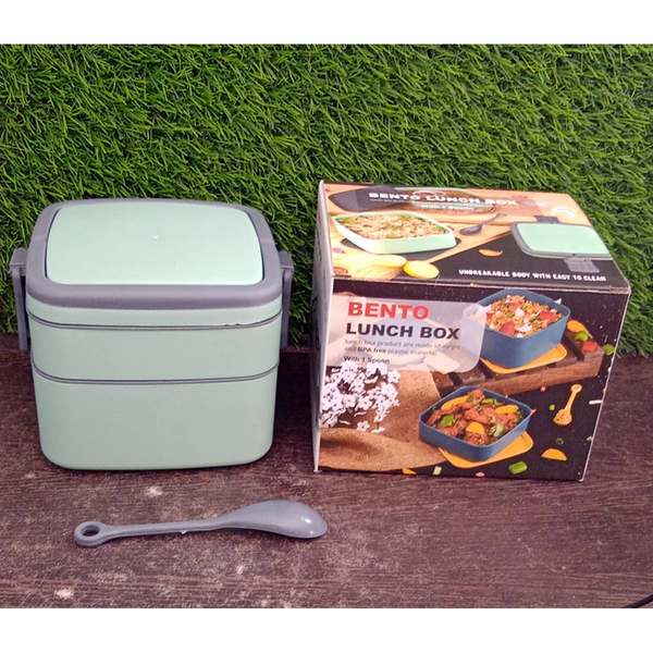 AM6415 GREEN DOUBLE-LAYER PORTABLE LUNCH BOX STACKABLE WITH CARRYING HANDLE AND SPOON LUNCH BOX , Bento Lunch Box