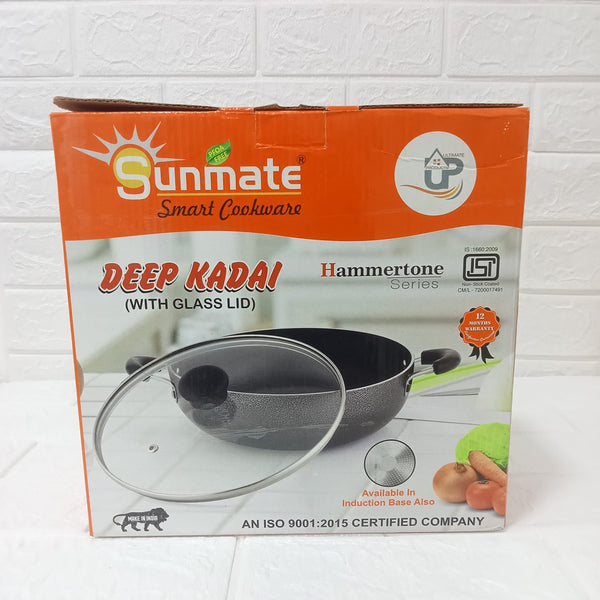 AM6153 Sunmate Deep Kadai with Glass Lid (2.5ltr)– Hammertone Series (Non-Stick Cookware)