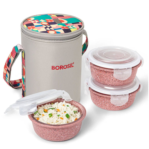 AM6188 Borosil Kube Pink Glass Lunch Box, Round x 3 (Tall), Set of 3, 400ml