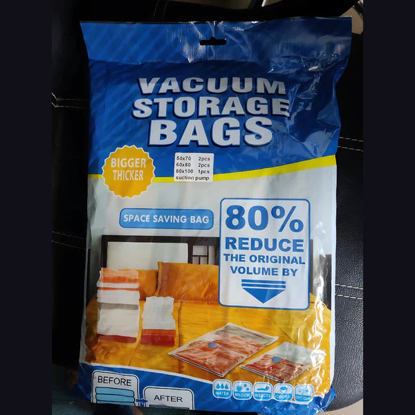 3634 Reusable Vacuum Storage Bags with Ziplock and Hand Pump (Pack of 5) 2 Small (50 cm x 60 cm), 2 Medium (60 cm x 80 cm), 1 Large (80 cm x 100 cm)