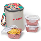 AM6190 Borosil Kube Pink Glass Lunch Box, Square x 3 (Tall), Set of 3, 320ml