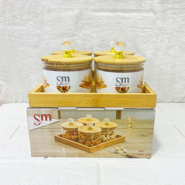 AM3723 Glass Container Jar Bowl With Wooden Deer Lids And Tray 4+1Pcs
