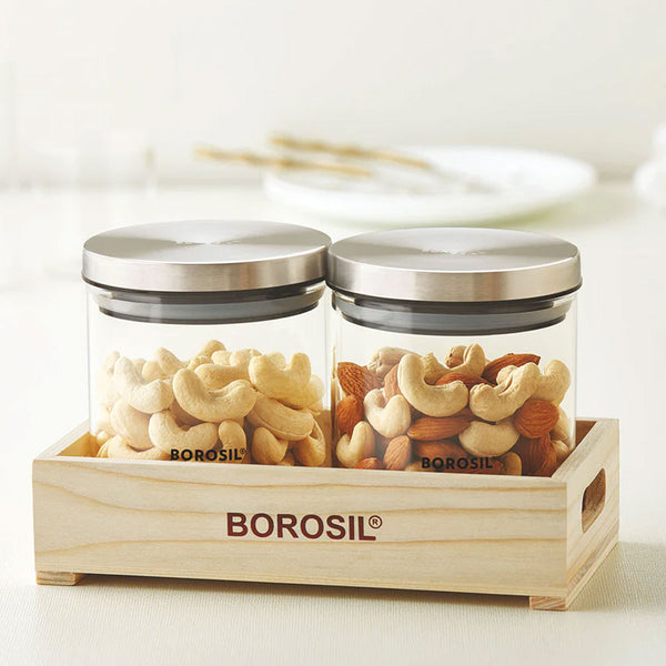 AM6162 Borosil Classic Jars With Wooden Tray - 2Pcs (600 ml Each)
