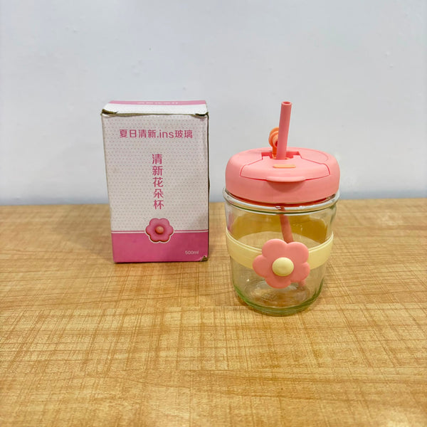AM7108 Flower Glass Sipper Bottle - 500ml, Built-in Juicer & Straw