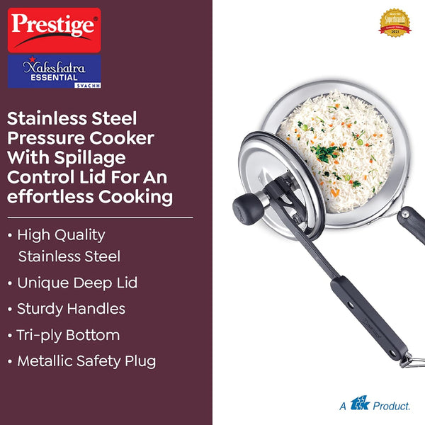 AM2247 Prestige 3L Nakshatra Essential Svachh Stainless Steel Pressure Cookers( Silver, Tri-Ply Bottom, Inner Lid)