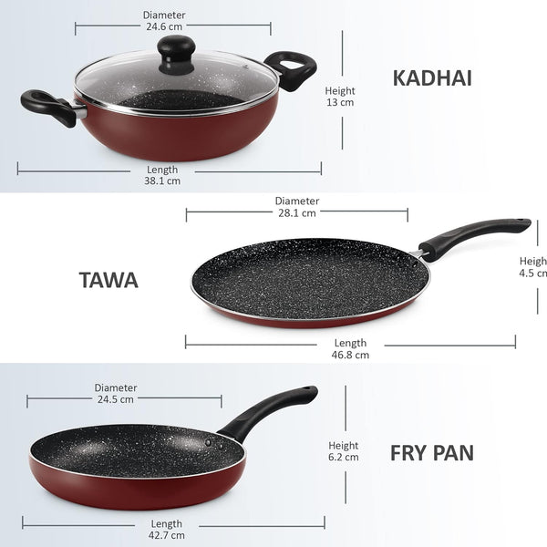 AM0977 Milton Granito Kitchen Set of 3pcs Tawa 28cm,Fry Pan 24cm and Kadhai 24cm with Glass Lid Induction Bottom Non-Stick Coated Cookware Set (Aluminium, 3 - Piece)