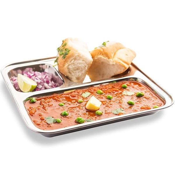 AM3333 Square Pav Bhaji Stainless Steel Plates(22.8cm X 22.5cm)with 3 Compartments