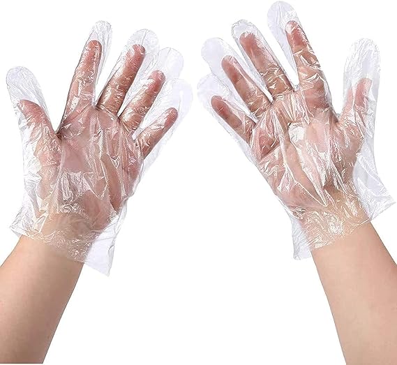 AM2143 Disposable Plastic Gloves 100Pcs Disposable Plastic Transparent Hand Gloves for Kitchen, Restaurant, Cooking, House Cleaning, Hair Coloring, Food Serving Polypropylene