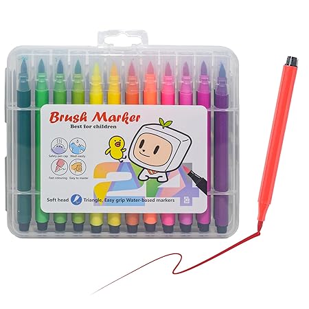 AM2444 Brush Marker Pen Best For Children Soft Head Triangle Easy Grip Water Based Marker Pen HMC-9005 24Pcs