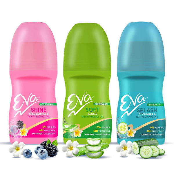 AM0680 (pack of 1) Eva Shine Underarm Roll on Deodorant 25ml | With Tahiti Monoi Oil & Wild Berries Extracts | Alcohol & Aluminium Free | 48 H Protection from Odour | Keeps Underarms Bright & Smooth | Skin Friendly | For Women | 50ml