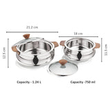 AM2234 NanoNine Royal Steelwood Double Wall Insulated Stainless Steel Casserole with Glass Lid, 1.24 L & 750 ml, 2 pc