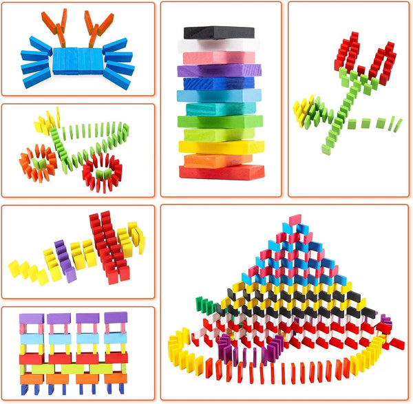 A07129 Wudly Stack & Tumble Dominos – 120 Pcs Natural Wood Colorful Blocks