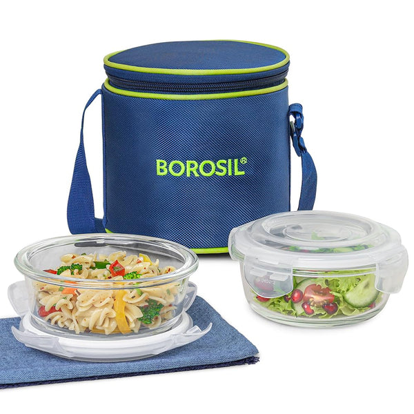 AM3698 Borosil Round Mealbox 400ml Glass Lunch Box set 2 Blue,Grey