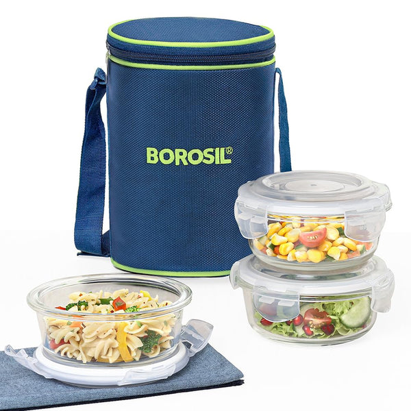 AM3695 Borosil Round 400ml Microwavable Lunch Box Set Of 3