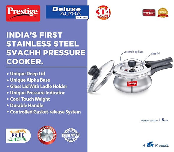 AM2243 Prestige 1.5L Deluxe Alpha Svachh Stainless Steel Outer Lid Pressure Cooker with Glass Lid