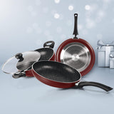 AM0977 Milton Granito Kitchen Set of 3pcs Tawa 28cm,Fry Pan 24cm and Kadhai 24cm with Glass Lid Induction Bottom Non-Stick Coated Cookware Set (Aluminium, 3 - Piece)