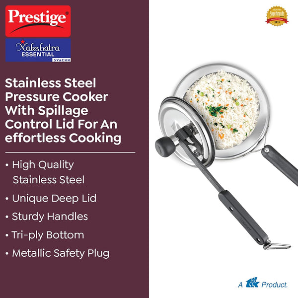 AM2246 Prestige 2L Nakshatra Essential Svachh Stainless Steel Pressure Cookers( Silver, Tri-Ply Bottom, Inner Lid)