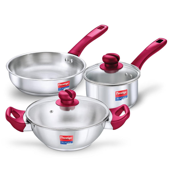 AM2606 Prestige Platina Popular SS Kadai 2.25ltr, Fry Pan 1.9ltr And Saucepan 1.5ltr 3PCS BYK Set Cookware