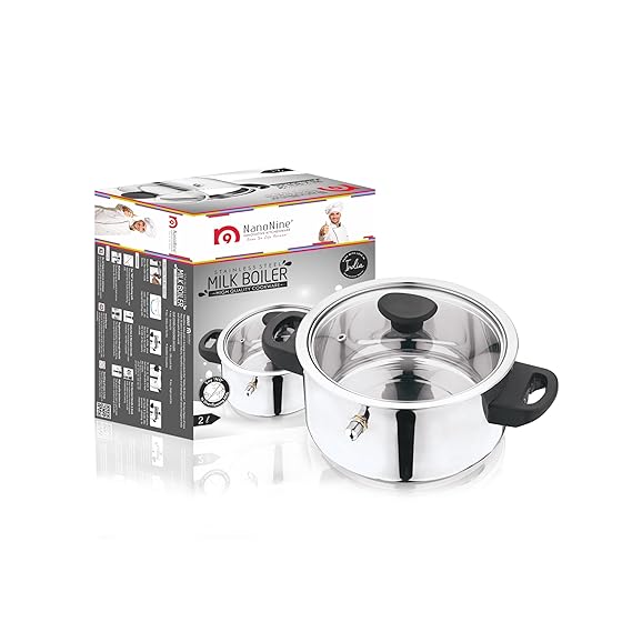 AM2233 NanoNine Double Wall Milk Boiler 1.5Ltr with 1 PCs Glass Lid: Efficient and Safe Stainless Steel Design for Perfectly Steamed Milk Every Time