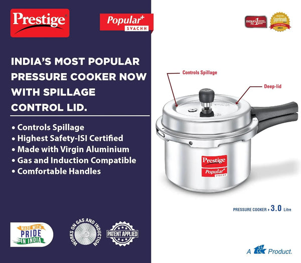 AM2237 Prestige Popular Plus Svachh Virgin Aluminium Gas and Induction Compatible Outer Lid Pressure Cooker, 3 L (Silver)