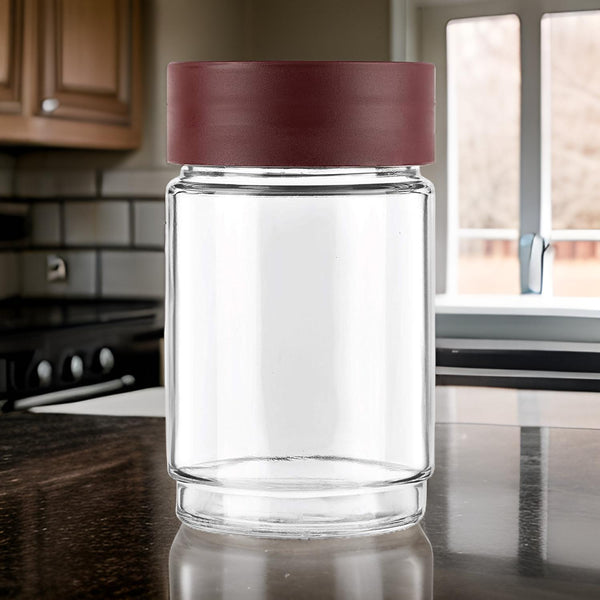 AM0655 CELLO Modustack Glassy Storage Jar | Glass Jar with Lid | Air Tight Steel Lid and Stackable | For Storage of Food, Pulses, Spice, Cereals, Cookies, Dry Food | 750ml, Maroon