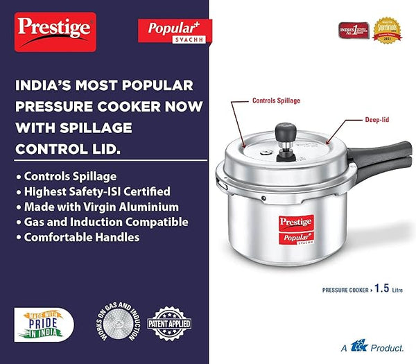 AM2235 Prestige Popular Plus Svachh Virgin Aluminium Gas and Induction Compatible Outer Lid Pressure Cooker, 1.5 L