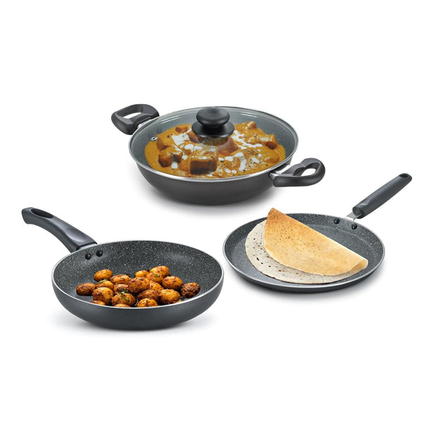 AM2249 Prestige Omega Deluxe Granite Aluminium 3 Pcs Set- Tawa, Fry Pan & Kadai with 1 Glass Lid|Non-Stick