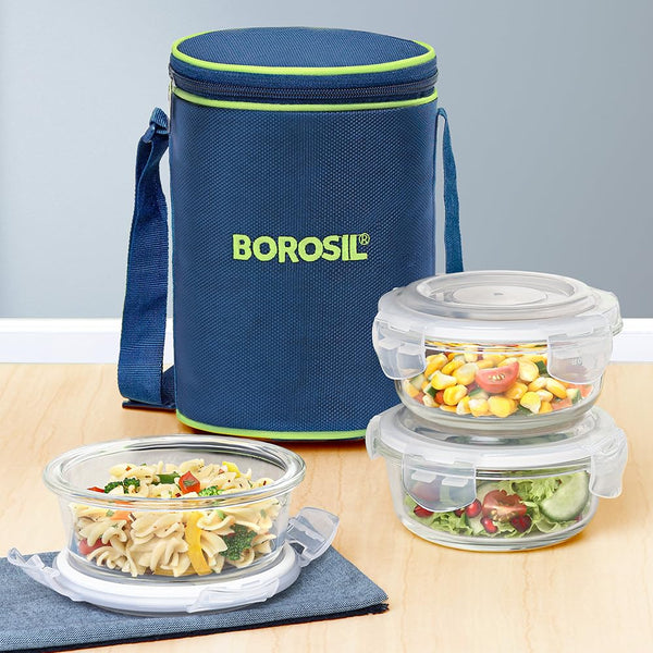 AM3695 Borosil Round 400ml Microwavable Lunch Box Set Of 3