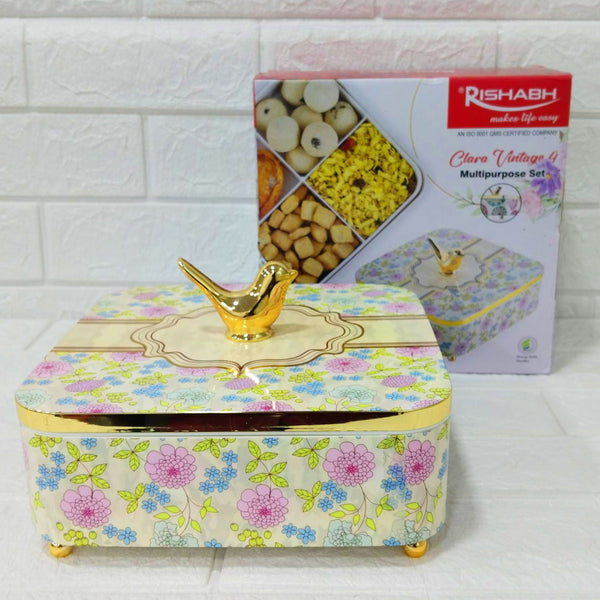Di0156 Rishabh Clara Vintage 4 Multipurpose Storage Set | Premium Floral Dry Fruit Box with Golden Bird Handle