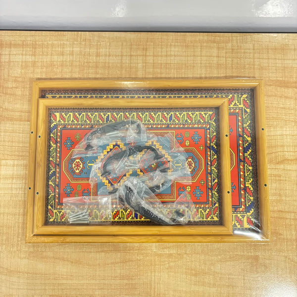 A07059 2-Piece Wooden Serving Tray Set with Metal Handles & Gift Box
