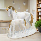 AM5369 Premium Imported White Horse and Baby with Golden Hair Showpiece