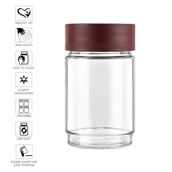 AM0655 CELLO Modustack Glassy Storage Jar | Glass Jar with Lid | Air Tight Steel Lid and Stackable | For Storage of Food, Pulses, Spice, Cereals, Cookies, Dry Food | 750ml, Maroon