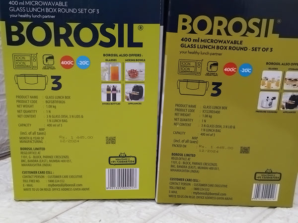 AM3695 Borosil Round 400ml Microwavable Lunch Box Set Of 3