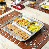 AM3333 Square Pav Bhaji Stainless Steel Plates(22.8cm X 22.5cm)with 3 Compartments