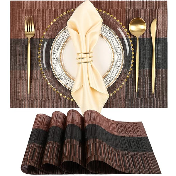 3184 4PCS Mats Non-Slip Heat Resistant Place Mats for Kitchen Dining Table (45 x 30 cm), Brown Black