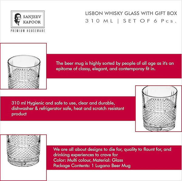 AM2586 Sanjeev Kapoor SKB-930 Glass Set Whisky Glass 330 ml, Clear (Pack of 6)