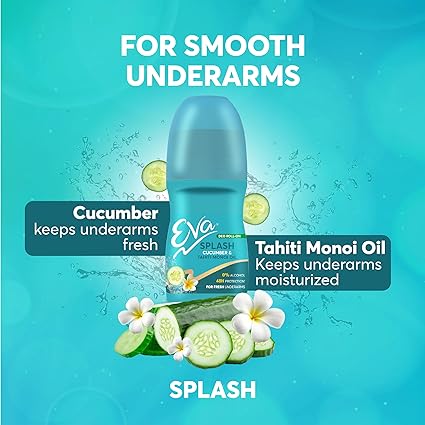 am0683 Eva Splash Underarm Roll on Deodorant 25ml | With Tahiti Monoi Oil and Cucumber Extracts | Alcohol and Aluminium Free | 48 H Protection from Odour | Keeps Underarms Fresh & Smooth | Skin Friendly | For Women