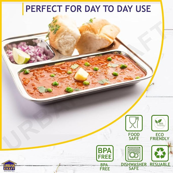 AM3333 Square Pav Bhaji Stainless Steel Plates(22.8cm X 22.5cm)with 3 Compartments