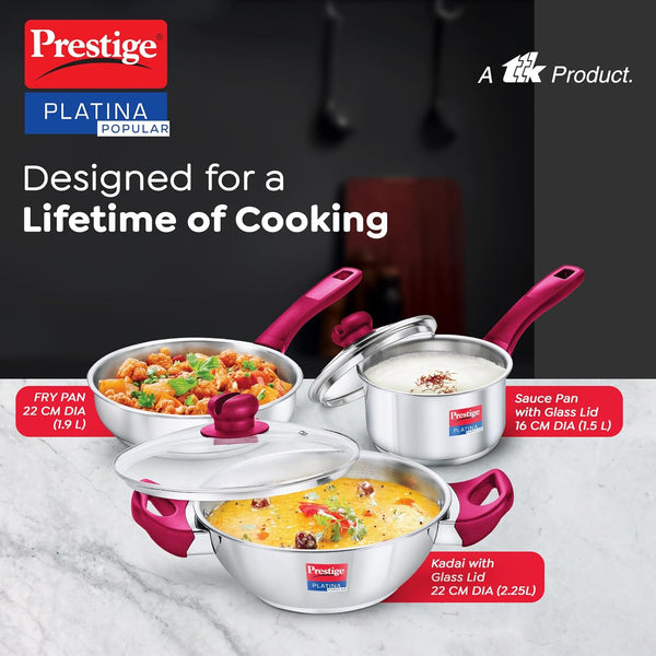 AM2606 Prestige Platina Popular SS Kadai 2.25ltr, Fry Pan 1.9ltr And Saucepan 1.5ltr 3PCS BYK Set Cookware