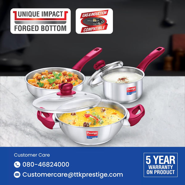 AM2606 Prestige Platina Popular SS Kadai 2.25ltr, Fry Pan 1.9ltr And Saucepan 1.5ltr 3PCS BYK Set Cookware