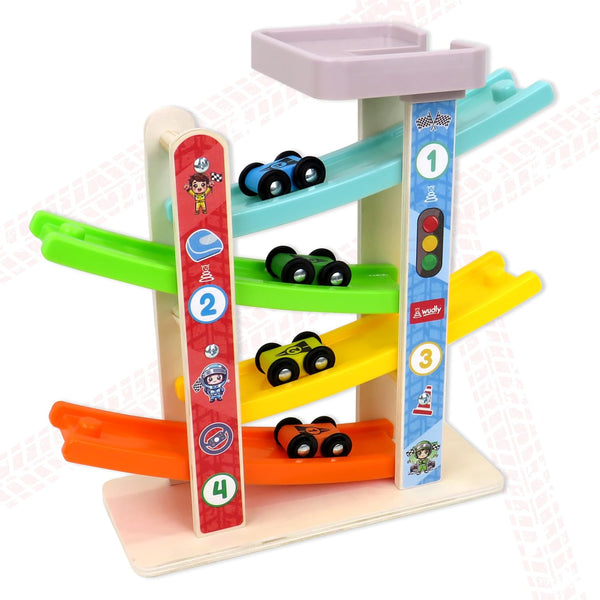A07123 Wooden Car Ramp Racer with 4 Mini Racing Cars and Parking Top