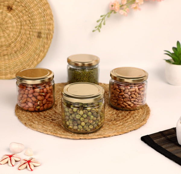 AM3013 Salsa Glass Jar 340ml  for Kitchen Storage Dry Fruits ,Pickle Golden Metal Cap Airtight Lid Transparent Jar 1 Pcs