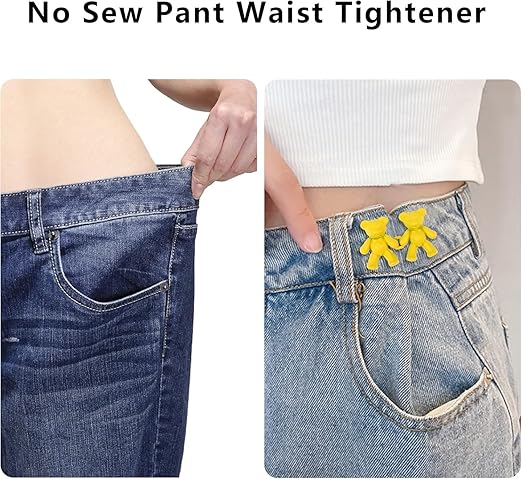 AM3230 Cute Bear Metal Jean Buttons Pins Waist Tightener Clips for Loose Jeans, No-Sew Adjustable Waistband Buckle for Pants, Detachable Bear Design for Women and Skirts Set of 2