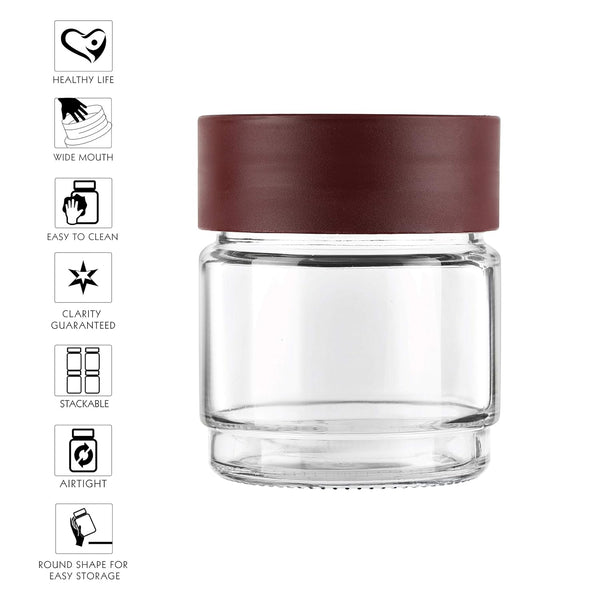 AM0654 CELLO Modustack Glassy Storage Jar | Glass Jar with Lid | Air Tight Steel Lid and Stackable | For Storage of Food, Pulses, Spice, Cereals, Cookies, Dry Food | 500ml, Maroon