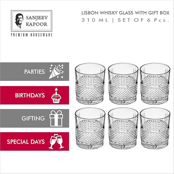 AM2586 Sanjeev Kapoor SKB-930 Glass Set Whisky Glass 330 ml, Clear (Pack of 6)