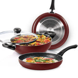 AM0977 Milton Granito Kitchen Set of 3pcs Tawa 28cm,Fry Pan 24cm and Kadhai 24cm with Glass Lid Induction Bottom Non-Stick Coated Cookware Set (Aluminium, 3 - Piece)